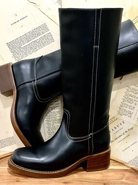 Anthropologie Frye Campus 14L Black Smooth Leather Boot White Stitching